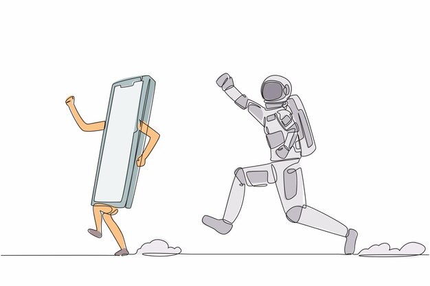 Dibujo continuo de una línea de un joven astronauta corriendo persiguiendo un teléfono inteligente en el vector de diseño de la superficie lunar