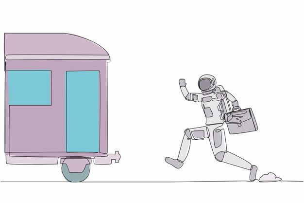 Vector dibujo continuo de una línea de un joven astronauta corriendo persiguiendo un tren en la superficie lunar sistema de transporte