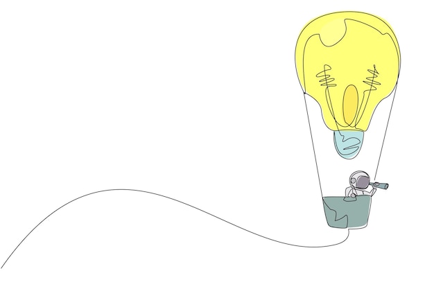 Un dibujo continuo de una línea de un joven astronauta enérgico usando un monocular volando con un globo de aire caliente