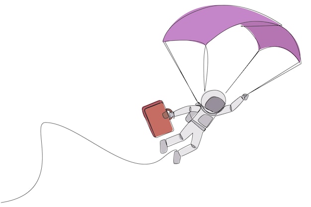 Un dibujo continuo de una línea de un joven astronauta enérgico volando con un paracaídas sosteniendo un maletín