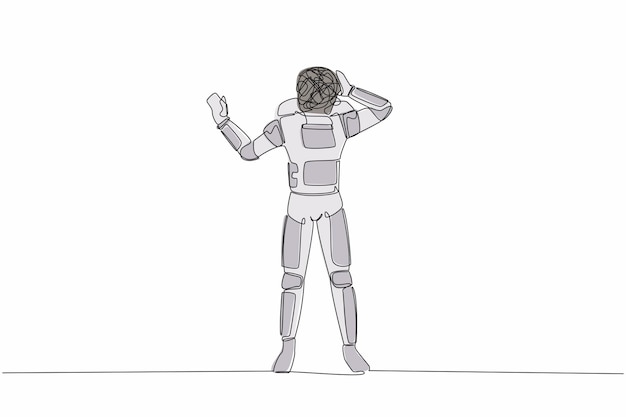 Un dibujo continuo de una línea de un joven astronauta con garabates redondos en lugar del gesto de parada de la cabeza