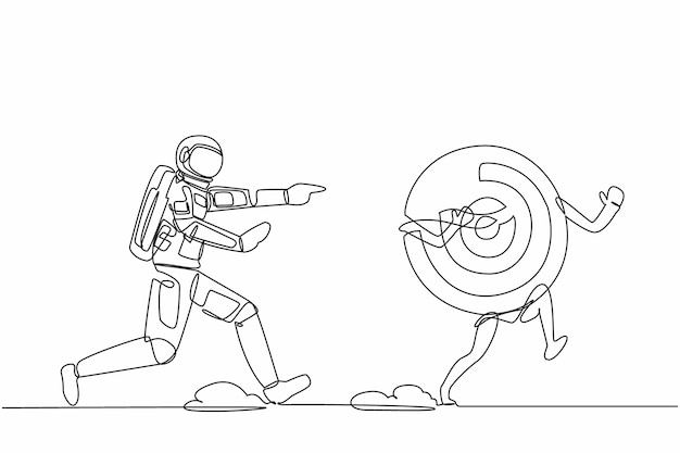 Un dibujo continuo de una línea de un joven astronauta persiguiendo un objetivo en la superficie lunar.