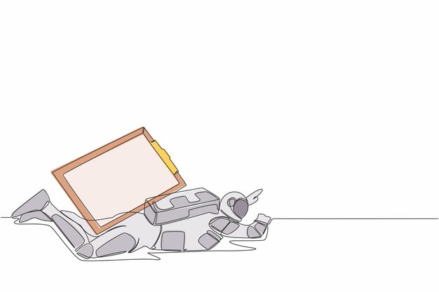 Un dibujo continuo de una línea de un joven astronauta bajo una pesada carga de agujeros Ilustración de un astronauta ocupado