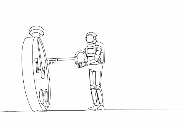 Un dibujo continuo de una línea joven astronauta poniendo una llave grande en el cronómetro ilustración vectorial