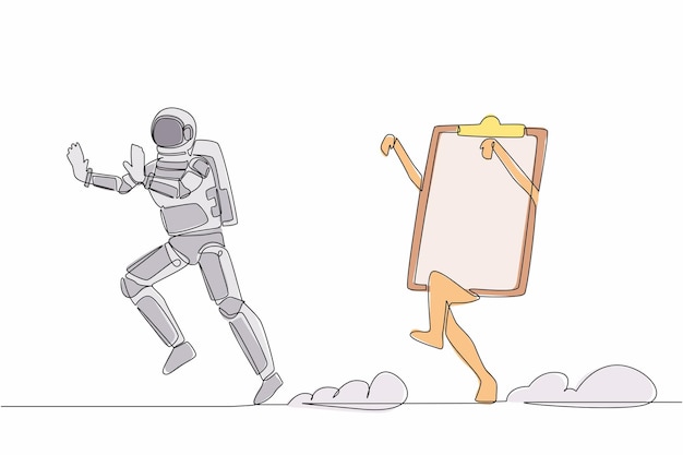 Un dibujo continuo de una línea un joven astronauta siendo perseguido por el portapapeles apresúrate en terminar la lista de comprobación