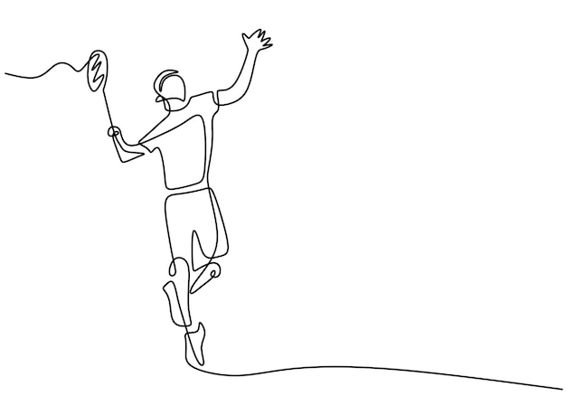 Dibujo continuo de una línea de un joven atleta jugando al bádminton Un salto masculino y un volante de golpe con raqueta Concepto de deporte competitivo Diseño de minimalismo de arte dibujado a mano Ilustración vectorial