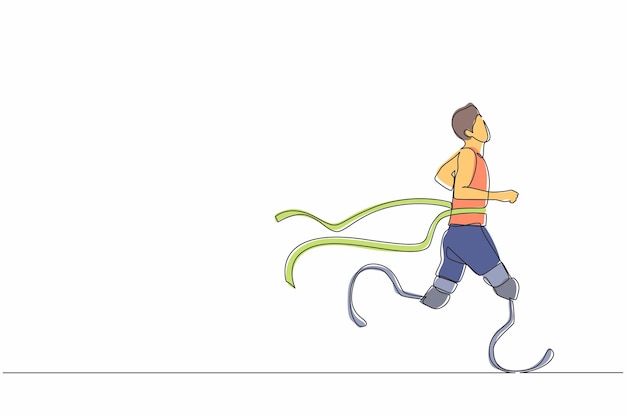 Un dibujo continuo de una línea joven atleta masculino gana la competencia deportista discapacitado gráfico vectorial
