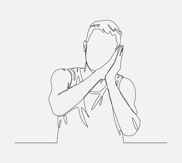 dibujo continuo de una línea de un joven en camiseta con las manos cruzadas cerca de su cara