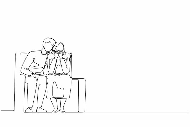 Un dibujo continuo de una línea de un joven cariñoso sentado en el sofá abrazando el hombro de una mujer deprimida
