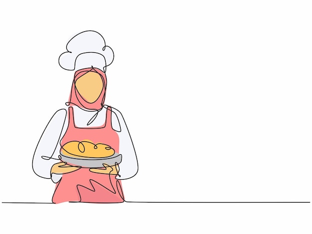 Dibujo continuo de una línea de una joven chef de belleza uniformada sirviendo el plato principal al cliente