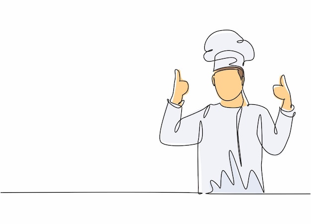 Dibujo continuo de una línea de un joven chef guapo y feliz dando el visto bueno al vector de diseño de gestos