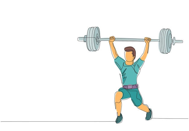 Un dibujo continuo de una línea joven culturista haciendo ejercicio con una barra de pesas pesadas en el gimnasio