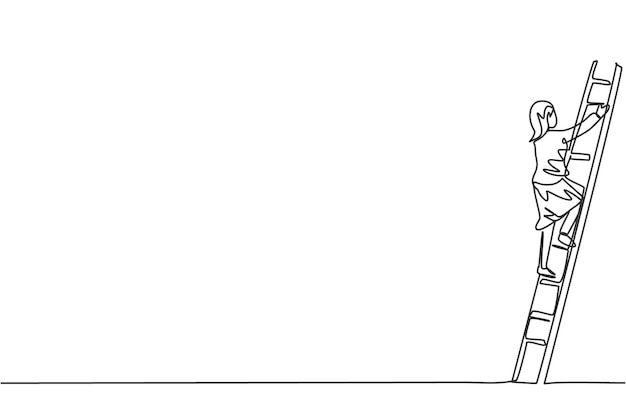 Dibujo continuo de una línea de una joven empresaria que sube la escalera para llegar al vector superior