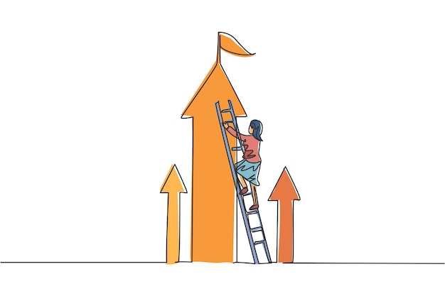 Dibujo continuo de una línea joven empresaria sube la escalera hasta llegar al vector de flecha superior