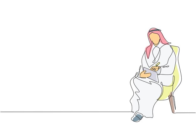 Un dibujo continuo de una línea joven empresario árabe con tablón de recortes Vector de consulta de psicología