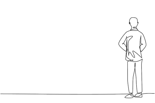 Dibujo continuo de una línea joven empresario elegante parado desde la vista trasera Visión del gerente