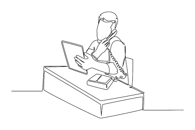 Dibujo continuo de una línea joven gerente masculino leyendo el informe anual de la compañía mientras recibe una llamada telefónica del personal en la oficina Compruebe el concepto del informe Dibujo de una línea de diseño de ilustración gráfica vectorial