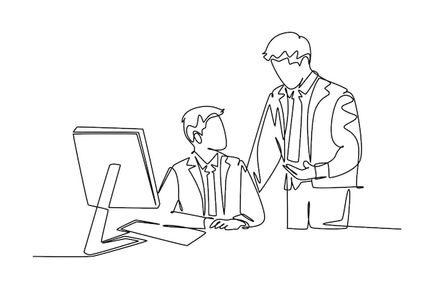 Vector dibujo continuo de una línea de un joven gerente toma una charla para enseñar al nuevo empleado sobre cómo terminar el trabajo durante el trabajo en la oficina concepto de tutor de trabajo dibujo de línea única diseño de ilustración gráfica vectorial