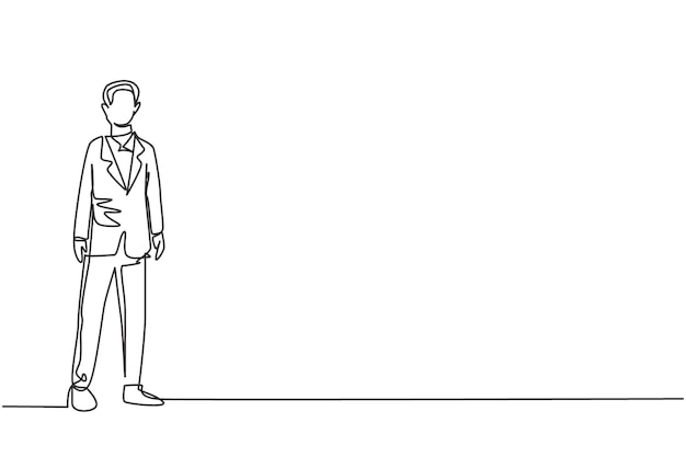 Dibujo continuo de una línea de un joven hombre de negocios inteligente parado en traje de oficina Negocios de éxito
