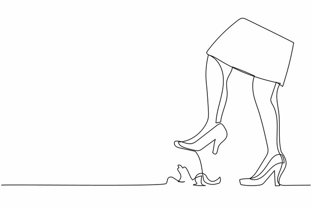 dibujo continuo de una línea joven mujer de negocios paso de pierna en la cáscara de plátano diseño gráfico vectorial
