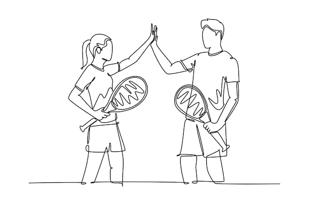 Dibujo continuo de una línea joven pareja divertida, hombres y mujeres, jugando tenis en una cancha de césped juntos y dando cinco gestos Concepto de relación Diseño de una sola línea ilustración gráfica vectorial