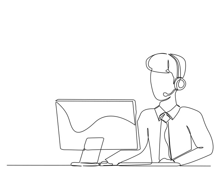Vector dibujo continuo de una línea de un joven sentado frente a una computadora con un auricular simple ilustración de vector de contorno de trabajador de servicio al cliente