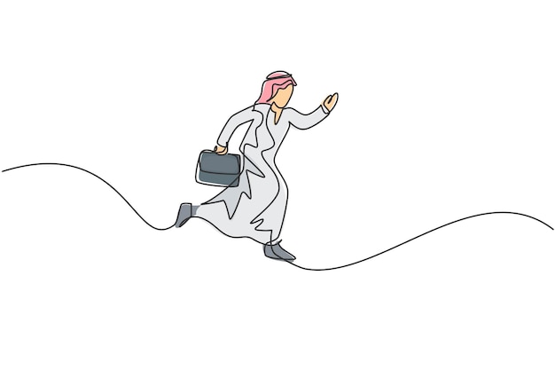 Dibujo continuo de una línea de un joven trabajador árabe feliz saltando alto al cielo vector de negocios