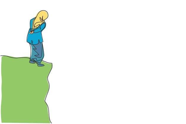 Dibujo continuo de una línea de una joven trabajadora árabe mirando hacia abajo desde la cima de la montaña