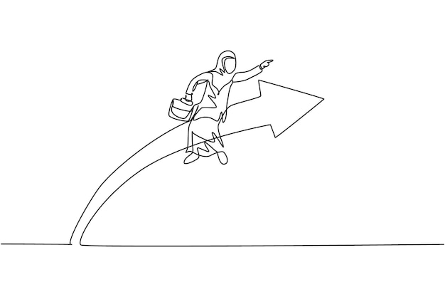 Dibujo continuo de una línea de una joven trabajadora árabe sentada en el símbolo de la flecha y un vector volador
