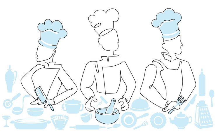 Dibujo continuo de una línea de jóvenes y atractivos chefs masculinos que sostienen artículos de cocina para el plato principal y están listos para ser servidos al . Buen servicio resto concepto diseño gráfico vector ilustración