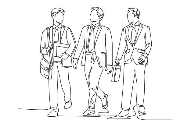 Dibujo continuo de una línea de jóvenes empleados masculinos hablando y caminando juntos en el corredor de la ciudad para ir a la oficina Caminando juntos por la calle Dibujo de línea única Ilustración gráfica vectorial de diseño