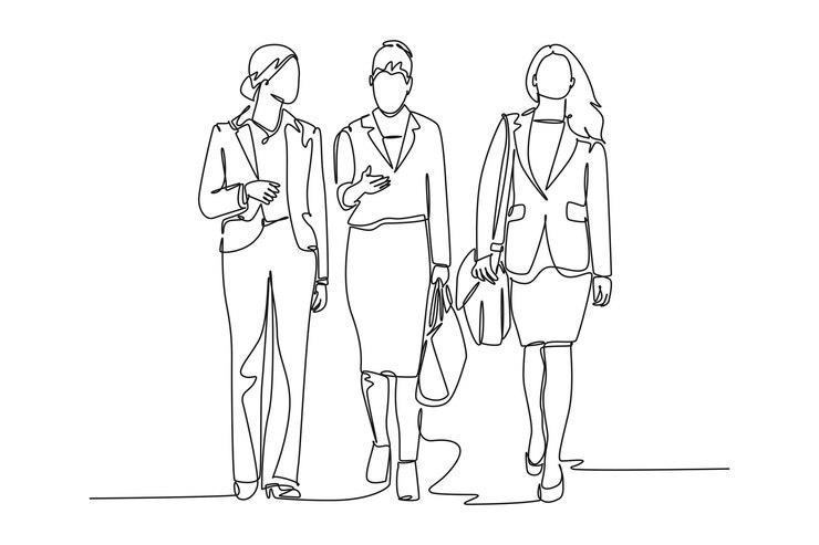 Vector dibujo continuo de una línea de jóvenes gerentes que caminan juntas ordenadamente en una fila en la calle de la ciudad van a la oficina trabajadores de cercanías urbanas concepto dibujo de línea única diseño vector ilustración gráfica