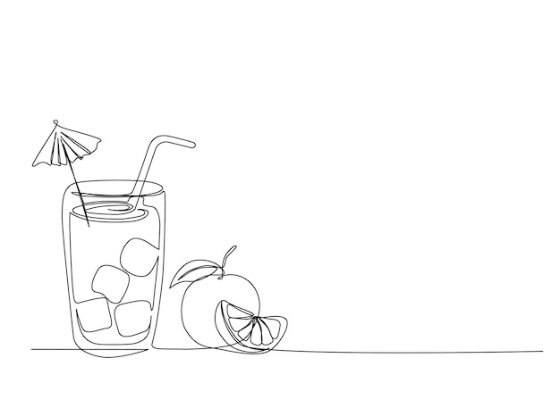 Dibujo continuo de una línea de jugo de naranja con cubitos de hielo Trazo editable