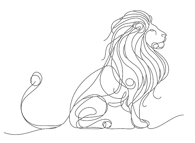 dibujo continuo de una línea para un león con todo el cuerpo sentado en el suelo ancho de trazo editable