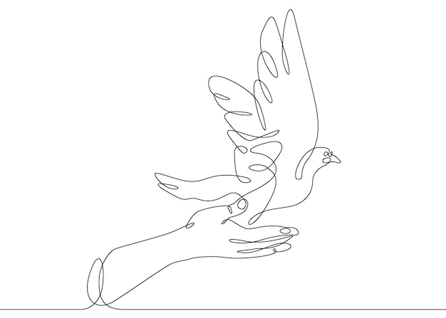 Dibujo continuo de una línea liberando un pájaro de la mano para volar Concepto del símbolo de la libertad