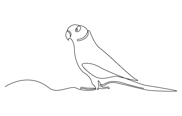 Dibujo continuo de una línea de un lindo pájaro loro con cola larga para la identidad del logotipo