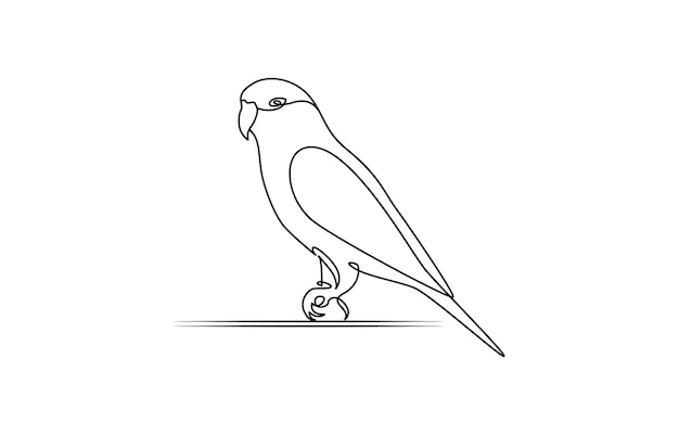 Dibujo continuo de una línea de un lindo pájaro loro con cola larga para la identidad del logotipo