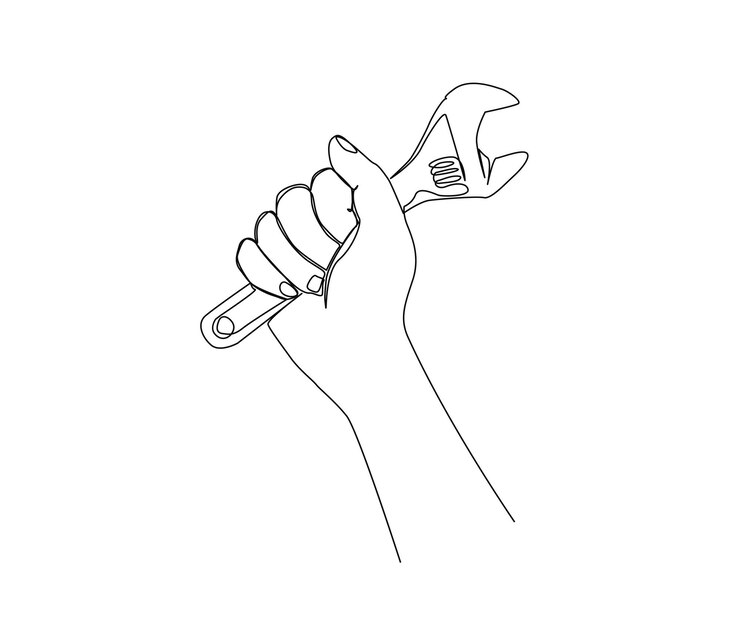 Vector dibujo continuo de una línea y llave de sujeción la mano del hombre sostiene un diseño vectorial de arte de línea simple de llaves inglesas