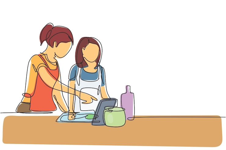Vector dibujo continuo de una línea de madre e hija cocinando juntas mientras ven el tutorial desde la tableta