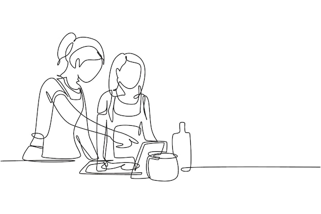 Dibujo continuo de una línea de madre e hija cocinando juntas mientras ven el tutorial desde la tableta