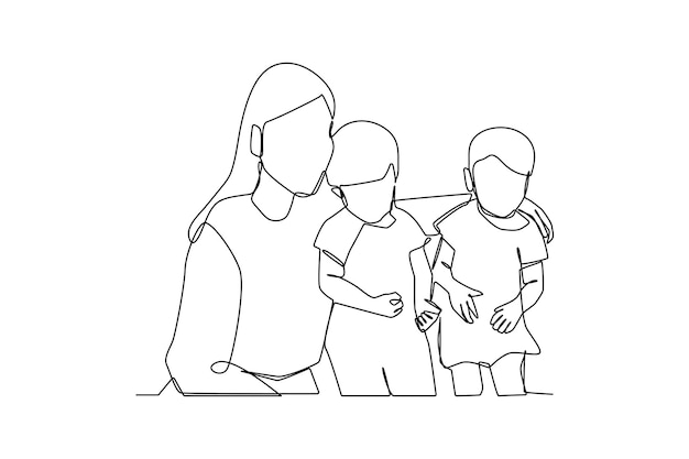 Dibujo continuo de una línea madre feliz con gemelos Concepto de familia Diseño de dibujo de línea única ilustración gráfica vectorial