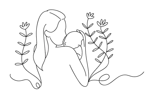 Dibujo continuo de una línea de madre sosteniendo a su bebé estilo de arte de línea de vector celebración de maternidad