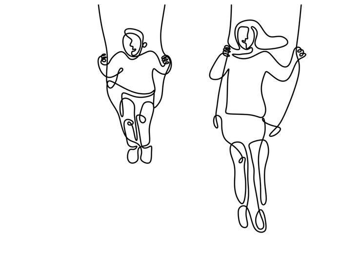 Dibujo continuo de una línea de madre y su hijo sentados y jugando columpiándose Feliz joven mami jugando junto con su niño pequeño en el patio de recreo dibujar a mano contorno con diseño minimalista