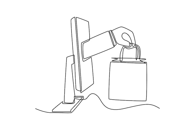 Dibujo continuo de una línea Mano con una bolsa de compras que sale de la pantalla de la computadora Concepto de marketing Ilustración gráfica vectorial de diseño de dibujo de una sola línea