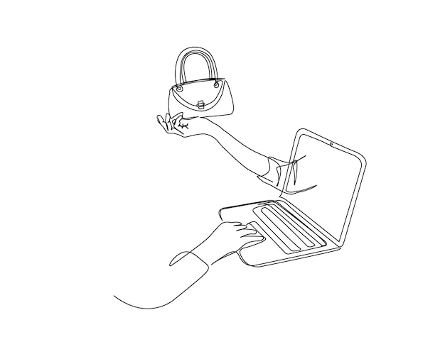Dibujo continuo de una línea de la mano fuera de la pantalla del portátil sosteniendo la bolsa de la mujer