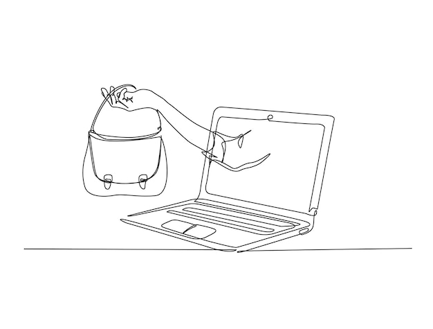 Dibujo continuo de una línea de la mano fuera de la pantalla del portátil sosteniendo la bolsa de la mujer