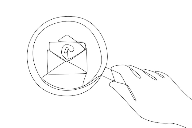 Un dibujo continuo de una línea con una mano grande sosteniendo una lupa resalta el diseño del icono de correo electrónico vectorial