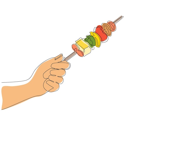Vector dibujo continuo de una línea de mano humana sosteniendo kebab mano sosteniendo pinzas con carne asada