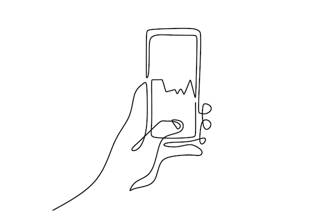 Dibujo continuo de una línea de mano humana sosteniendo un teléfono inteligente con gráfico