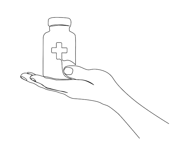 Dibujo continuo de una línea de Mano que sostiene la botella de medicina medicamentos médicos simples farmacia atención línea arte vector ilustración